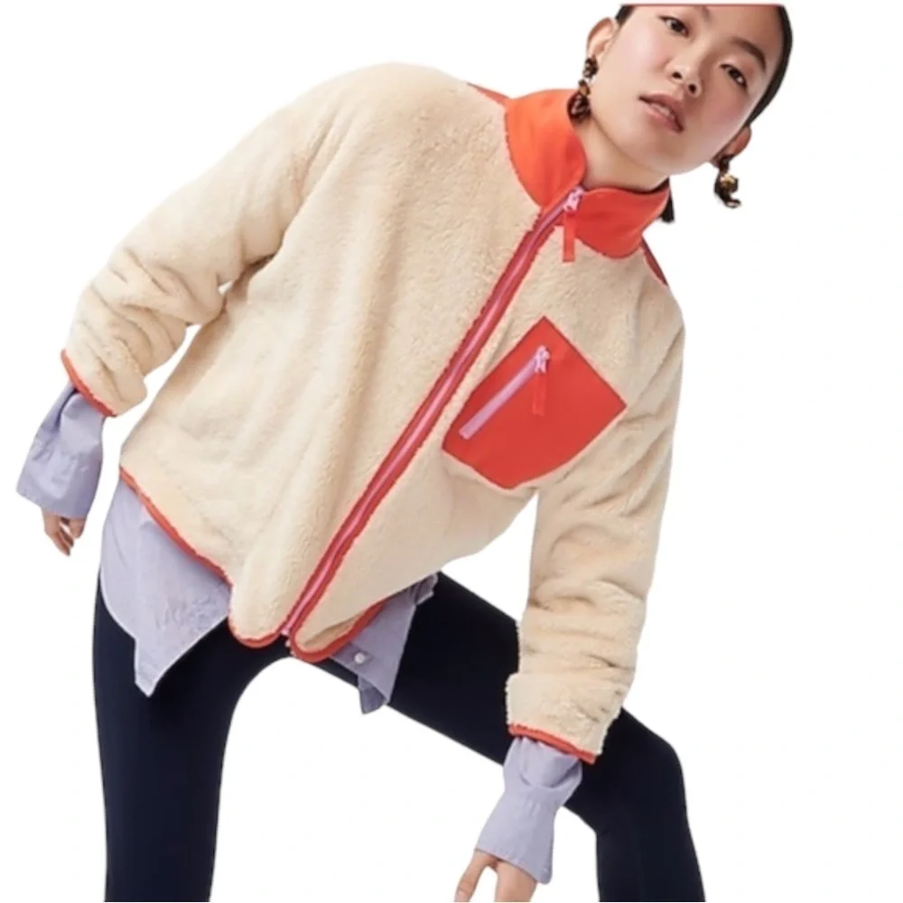 NEW J. Crew Weekend Superplush Sherpa Full-Zip Jacket in Colorblock Cream Orange - Picture 2 of 15